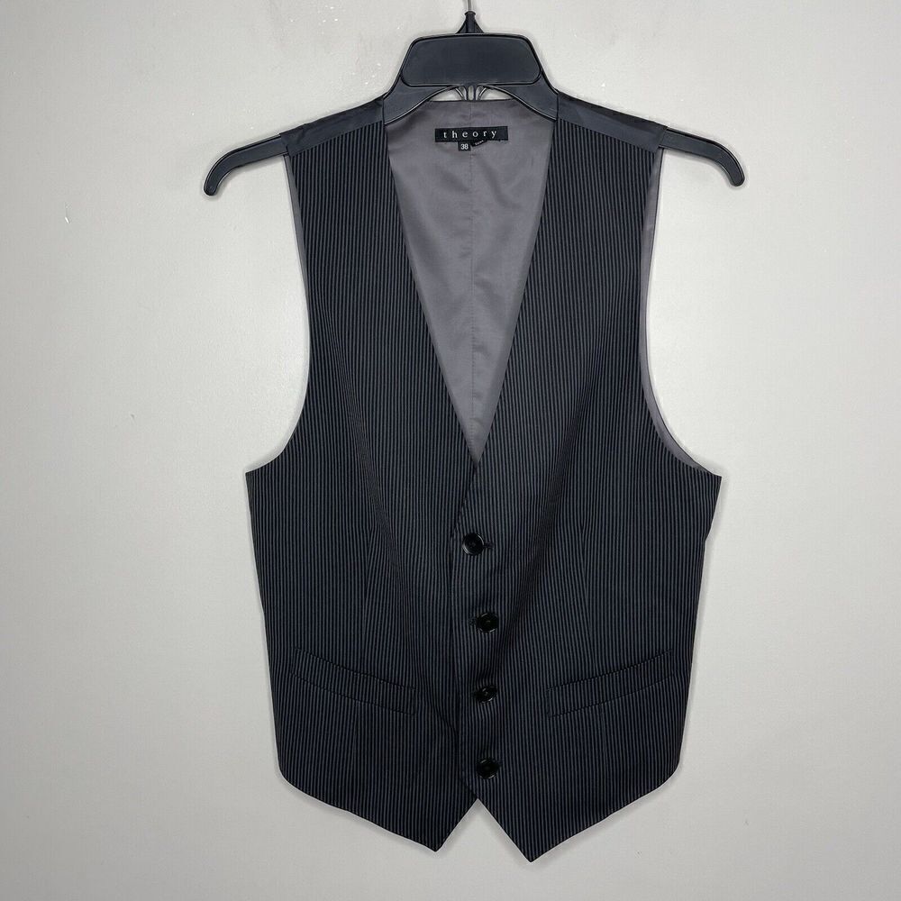 THEORY Mens Striped Wool Vest Sz 38 Waistcoat Cinch-Back Formal Charcoal $225